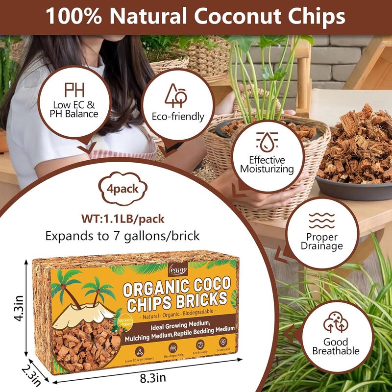 Legigo 4 Pack Coco Coir Chips for Plants- 4.4 LB 100% Organic Coconut Chips Brick Potting Mix with Low EC & PH Balance, Coconut Husk Substrate Coco Husk Mulch for Garden, Planting, Orchid and Soil Mix - Image 2